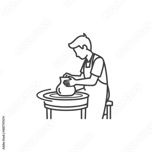 Engaging in pottery making, a skilled artist shapes earthen clay on rotating wheel. This pottery making scene illustrates concentration and craftsmanship in shaping and refining handmade vase.