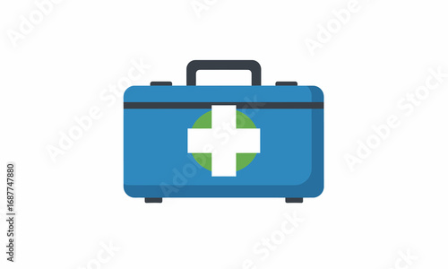 Blue medical first aid kit box with a white cross symbol on a green circle emblem.