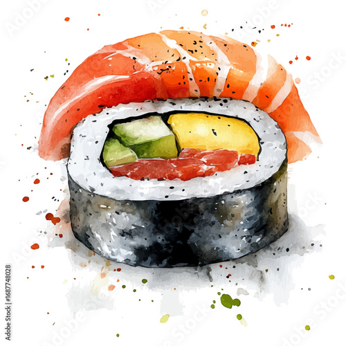 Sushi, watercolor painting vector, isolated on a white background.