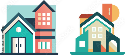 Two Stylized Houses with Geometric Shapes and Bright Colors