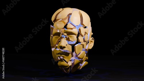 Fragmented head face turns and breaks down on the ground