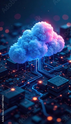 Abstract representation of a vast, interconnected network of data servers forming a digital cloud, symbolizing secure and scalable cloud storage solutions , remote storage, file storage