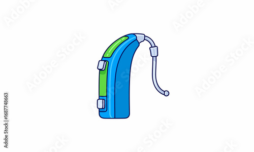 Bright blue and green behind-the-ear hearing aid illustration, featuring a clear tube and control buttons.