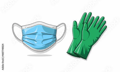 Blue Surgical Face Mask and Green Protective Gloves Set.