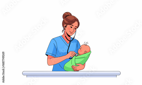 Caring female nurse in blue scrubs examining a swaddled baby with a stethoscope, gentle checkup.