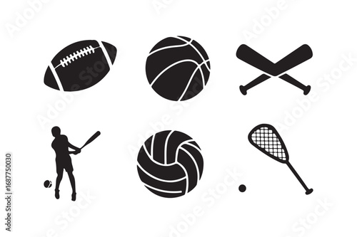 Collection of hand drawn sports equipment and athlete silhouettes
