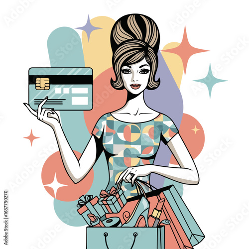 Credit card shopping illustration presents woman with gifts and bag. Credit card shopping for retro stylish girl with shopping purchases.