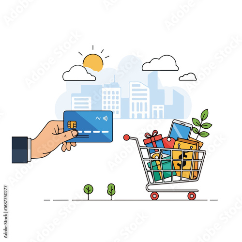 Illustrative credit card shopping scene showcasing hand holding card and shopping cart filled with gifts. Credit card shopping online with eco conscious goods and presents against urban background,