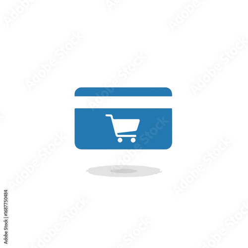 Credit card shopping icon on blue card with shopping cart. Credit card shopping is convenient, representing financial operations and digital transactions.