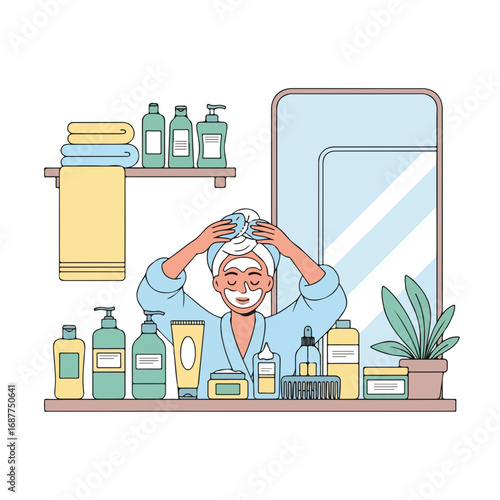 Woman applying face mask in bathroom. Self care routine includes skincare products and towel. Hair care home spa treatment for beauty and relaxation. Concept image for beauty and self care blog.