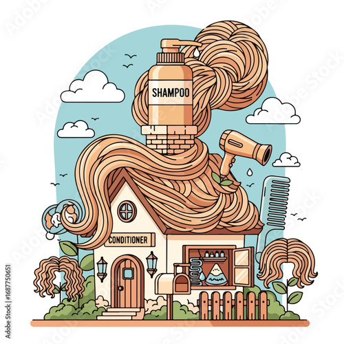 Hair care home with shampoo bottle and conditioner on roof. Cozy hair care home concept includes hair dryer, comb, and hair strands.