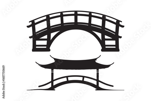 Two stylized japanese bridges and pagoda silhouette