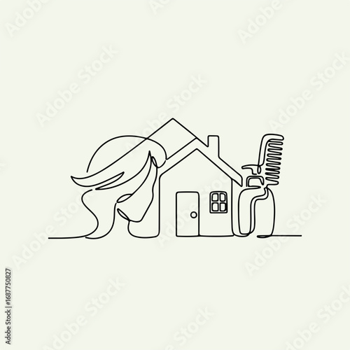 Depicting hair care home concept with woman's hair flowing in front of the house structure, hair care items complete minimalist illustration. Symbolic hair care home,