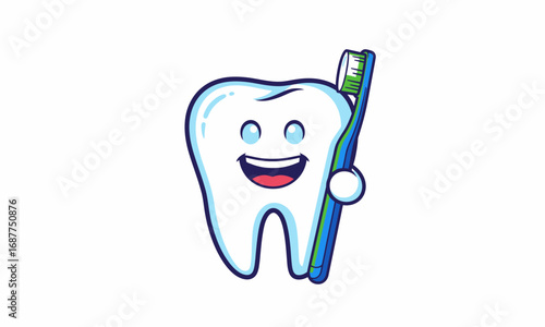 Cheerful Cartoon Tooth Holding a Blue Toothbrush with a Happy Smile.