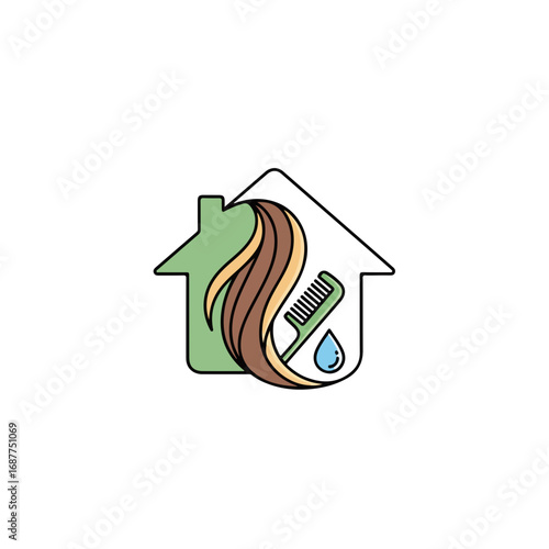 Hair care home salon concept with long brown flowing hair, green comb, and water drop inside building outline. Hair care home services offer beauty and self-care to customers,