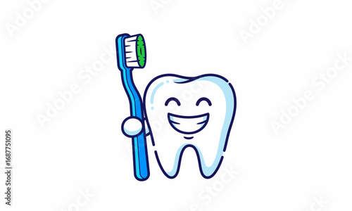 Cheerful Cartoon Tooth Holding a Blue Toothbrush with Green Bristles.