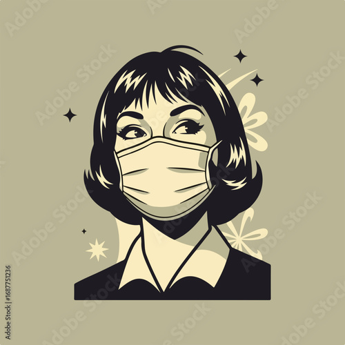 face mask woman with retro styling on floral backdrop, face mask woman displaying beauty and self-care. The beauty and self-care face mask woman art evokes mid-century style and elegance,