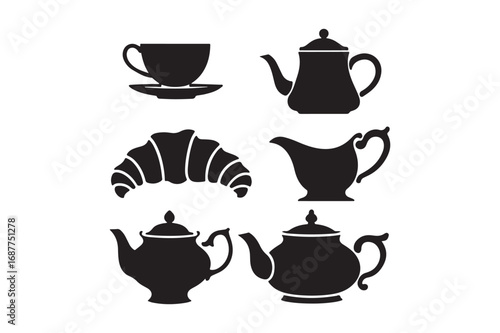 Black silhouette icons of tea and coffee service items and pastry