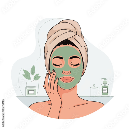 Face mask woman applies product to her face as part of her skincare routine. Face mask woman enjoys self-care with soft towel, candle, and natural skincare routine.