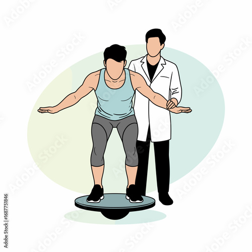 Balance Training Rehabilitation with Therapist Illustration