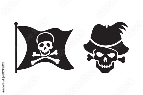 Pirate flag and skull with crossed bones and hat