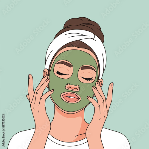 Face mask woman applies green purifying treatment in spa, skincare routine with facial at home. Face mask woman practices skincare routine with gentle touch. Concept face mask woman,