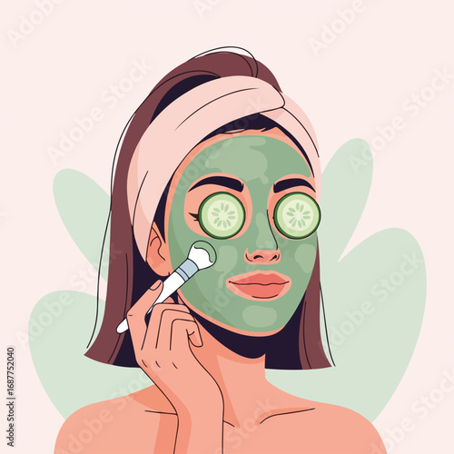 Face mask woman applies green facial cream with cucumber slices for skincare routine. Face mask woman handles skincare routine applying product with brush.