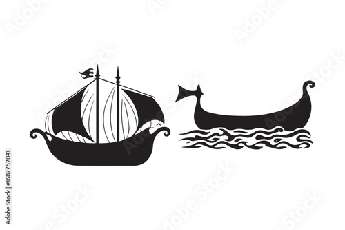 Two stylized wooden ships one sailing and one viking longboat