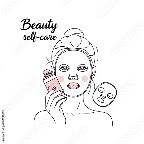 Face mask woman with skin care product, skincare routine outlined with pink accents. Face mask woman prepares for spa day, enjoying skincare routine to rejuvenate skin.