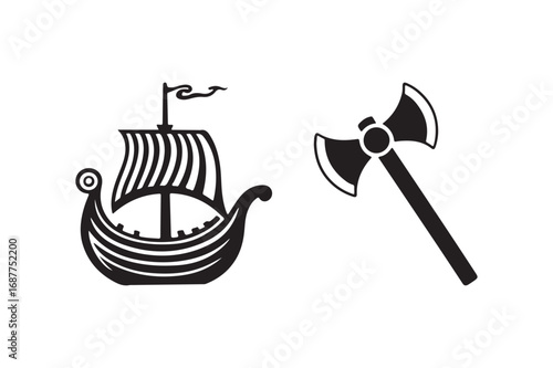 Viking ship and double edged axe illustration