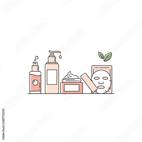 Skincare routine with facial mask and cosmetic products on white background for beauty and self care. Skincare routine involves lotion, cream, and oil in containers.