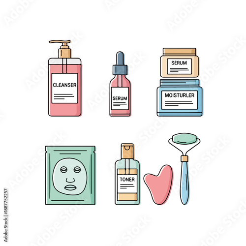 Skincare routine outlined in cleanser, serum and moisturizer products. Skincare routine for radiant complexion includes face mask, toner, jade roller and heart shaped gua sha tool.