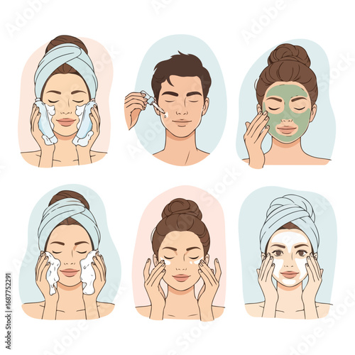 Skincare routine illustrated with line art of diverse faces applying beauty products. Skincare routine includes facial cleansing, serum application, and face mask.