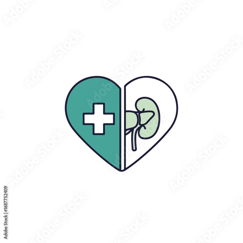Donation heart symbol, featuring a green cross and kidney illustration, conveys wellness. Donation icon represents organ transplantation and humanitarian aid.
