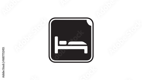 Black and white minimalist icon of a bed in a square frame