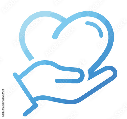 Hand holding heart with smooth, light blue gradient offers symbol of love and care. Hand holding heart communicates support, a symbol of hope, and kindness.