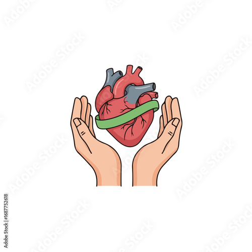 Heart in hands displayed with open palms, embracing human heart. Symbolizing health and care, human heart surrounded by supportive hands. Expressing compassion and empathy,