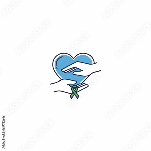 Conceptual donation graphic with hands holding blue heart shape and green ribbon. This simple donation illustration depicts kindness and giving.