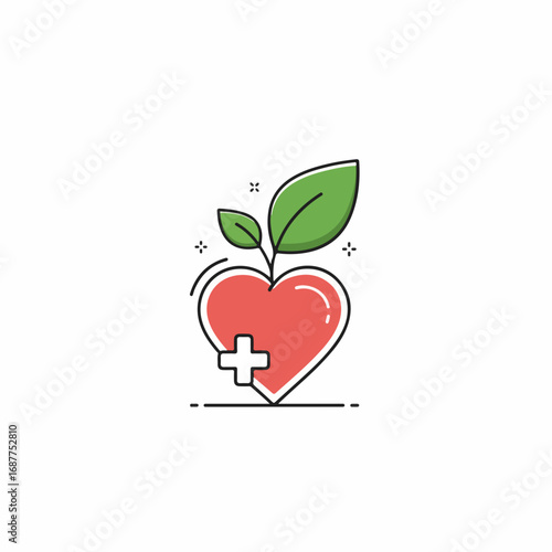 Heart donation symbol against white background. Depicting heart donation, this illustration shows a heart with plus sign and leaves sprouting, emphasizing themes of renewal and giving.