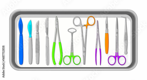 Colorful Surgical Instruments on Tray - Scalpels, Forceps, and Scissors.