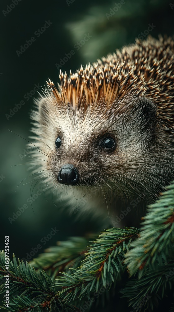 Fototapeta premium Close-up view of a hedgehog resting among pine branches in a tranquil forest setting during daylight hours