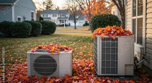 Air conditioning units covered in fallen autumn leaves in a residential yard.