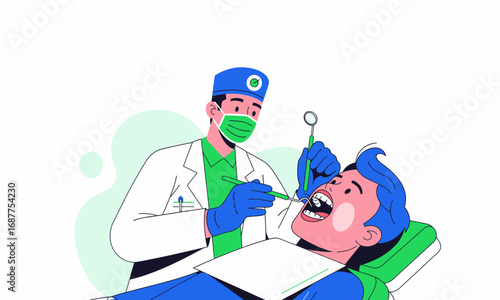 Dentist Performing Dental Examination on Patient in Chair.