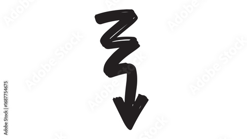 Hand-drawn Black Lightning Bolt Arrow Icon, pointing down, Vector Illustration