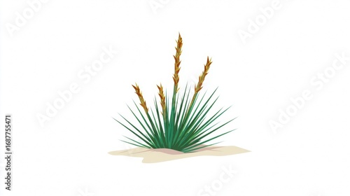 An isolated illustration of a wild grass clump with spiky green leaves and brown flowering stalks on sand.