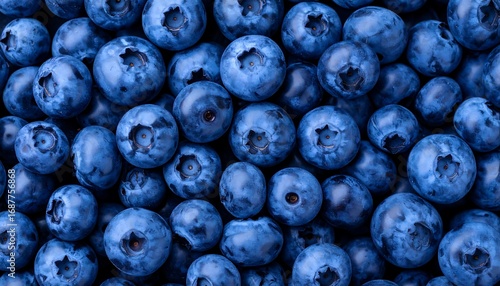 A close-up shot displaying a dense collection of plump, vibrant, and glossy berries, each exhibiting a deep blue hue and a contrasting star-shaped indentation on their top surface. 