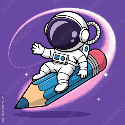 An adorable astronaut is joyfully riding a giant colored pencil through a starry outer space background, symbolizing creativity and exploration of imagination.