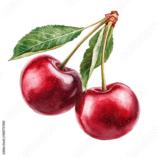 Sour Cherry, watercolor painting vector, isolated on a white background.