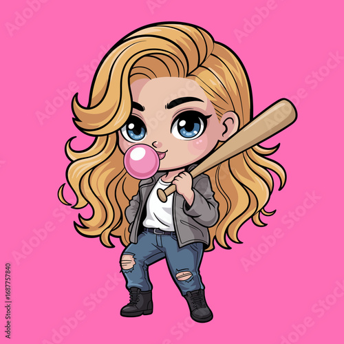 This trendy character in casual attire and a baseball bat chewing gum radiates confidence and attitude, making it suitable for expressing youth culture and modern lifestyle.