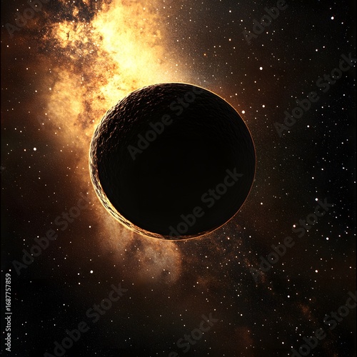Dark Planet in Fiery Nebula Cosmic Space Background